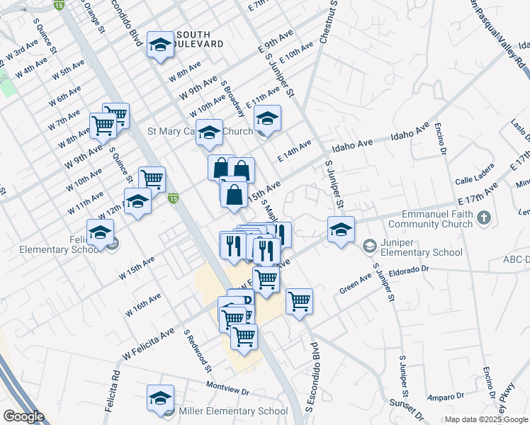 map of restaurants, bars, coffee shops, grocery stores, and more near 1520 South Maple Street in Escondido