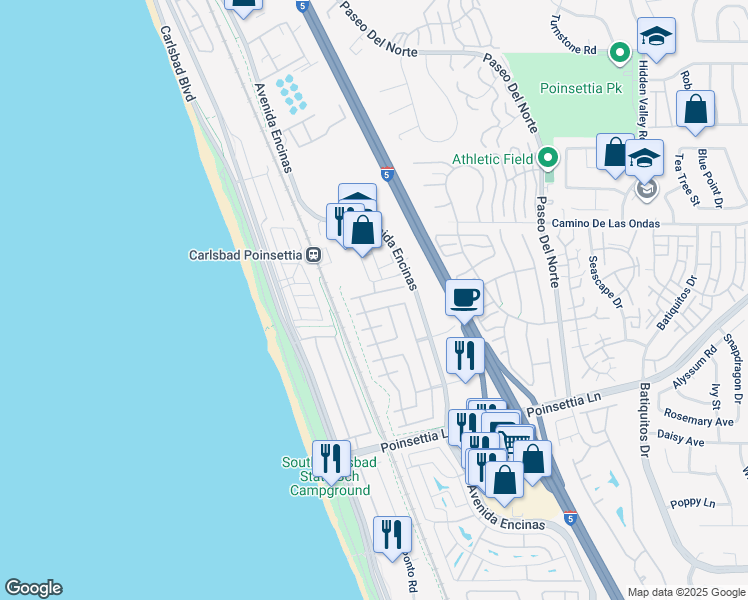 map of restaurants, bars, coffee shops, grocery stores, and more near 636 Seaward Avenue in Carlsbad