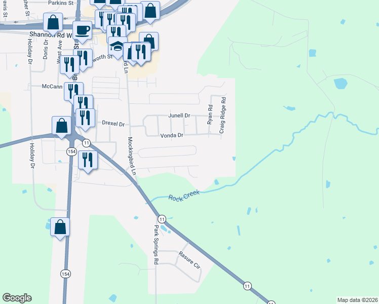 map of restaurants, bars, coffee shops, grocery stores, and more near 707 Austin Acre Road in Sulphur Springs