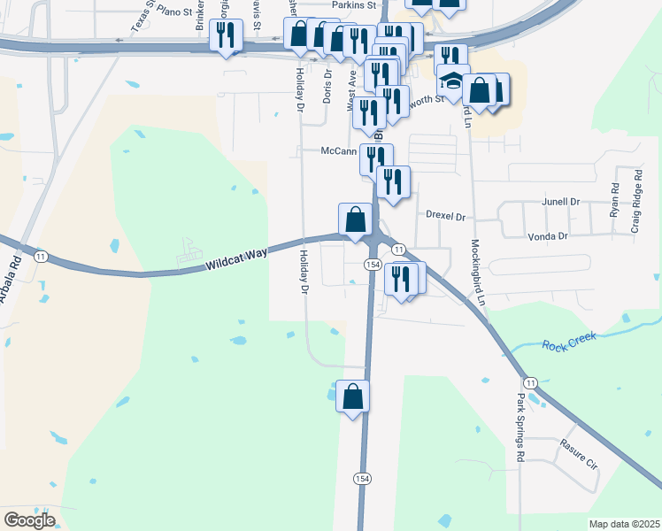 map of restaurants, bars, coffee shops, grocery stores, and more near 1711 South Broadway Street in Sulphur Springs