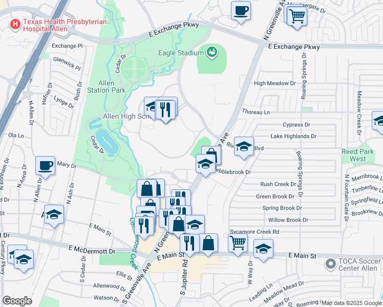 map of restaurants, bars, coffee shops, grocery stores, and more near 300 Rivercrest Boulevard in Allen