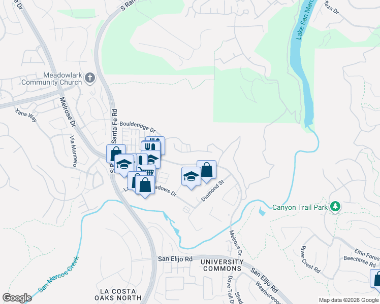 map of restaurants, bars, coffee shops, grocery stores, and more near 2140 Silverado Street in San Marcos