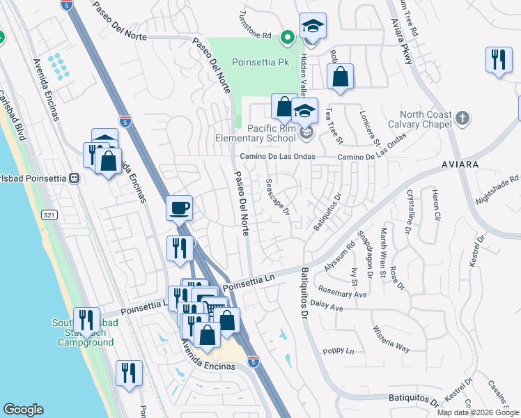 map of restaurants, bars, coffee shops, grocery stores, and more near 866 Hollyhock Court in Carlsbad