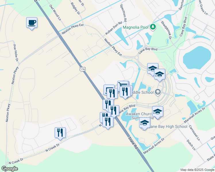 map of restaurants, bars, coffee shops, grocery stores, and more near 900 Owl Wood Lane in Summerville