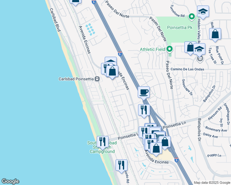 map of restaurants, bars, coffee shops, grocery stores, and more near 636 Seaward Avenue in Carlsbad