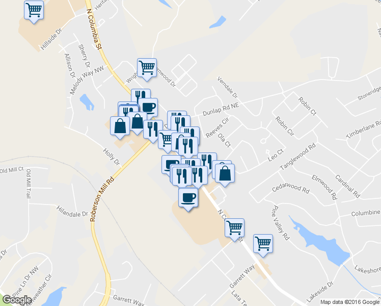 map of restaurants, bars, coffee shops, grocery stores, and more near 1909 North Columbia Street in Milledgeville