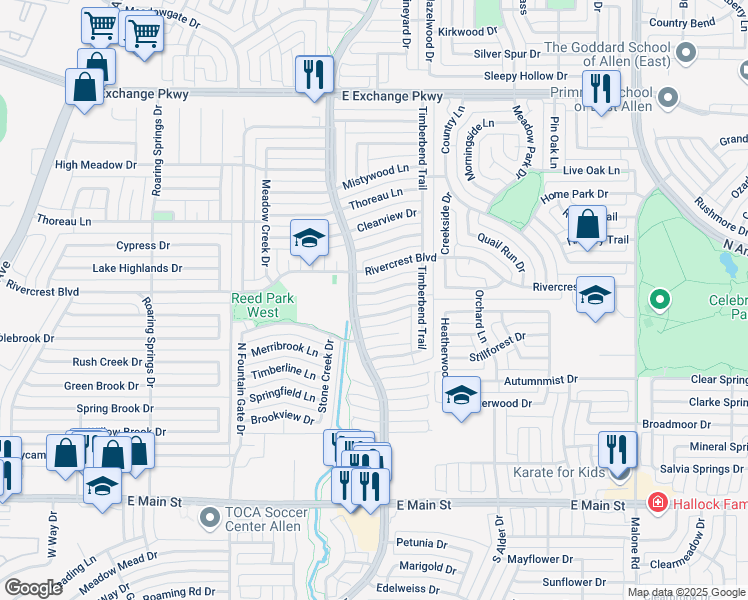 map of restaurants, bars, coffee shops, grocery stores, and more near 1303 Crestview Drive in Allen