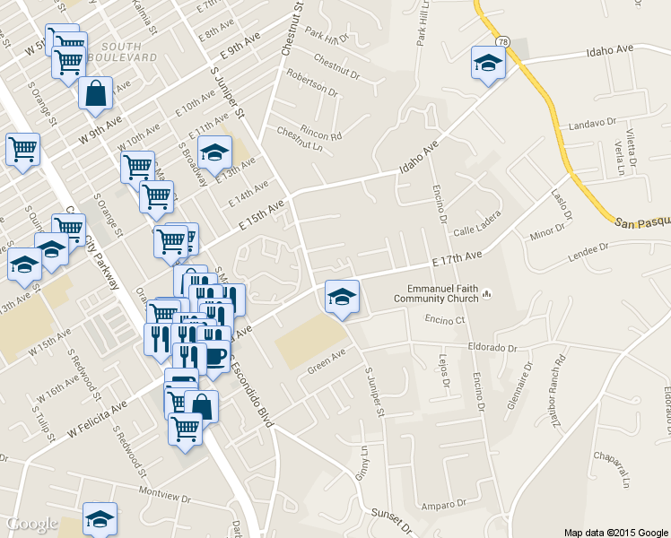 map of restaurants, bars, coffee shops, grocery stores, and more near 1630 South Juniper Street in Escondido