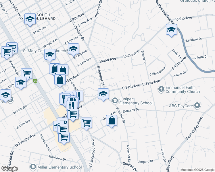 map of restaurants, bars, coffee shops, grocery stores, and more near 1660 South Juniper Street in Escondido