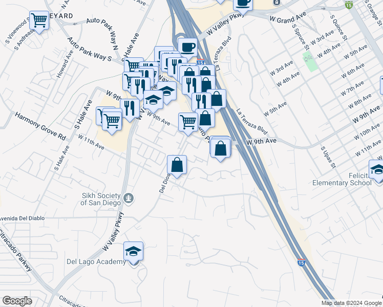 map of restaurants, bars, coffee shops, grocery stores, and more near 910 Del Dios Road in Escondido