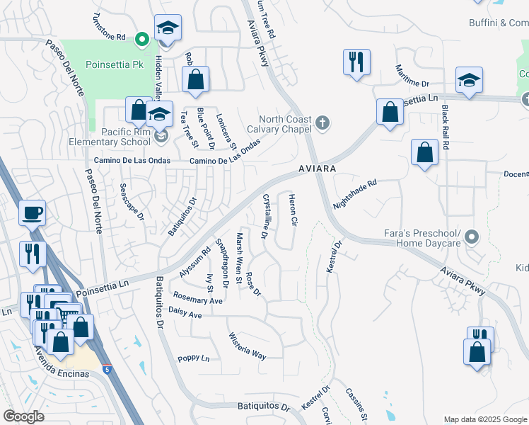 map of restaurants, bars, coffee shops, grocery stores, and more near 1260 Poinsettia Lane in Carlsbad