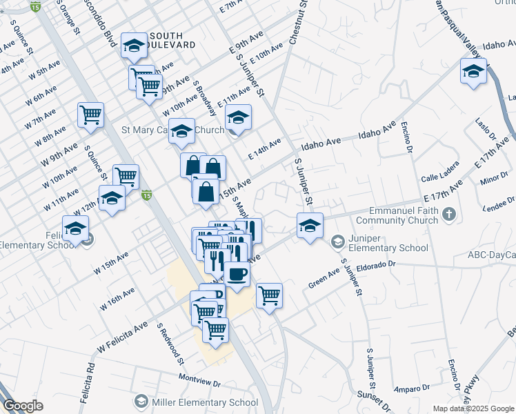 map of restaurants, bars, coffee shops, grocery stores, and more near 109 West 15th Avenue in Escondido