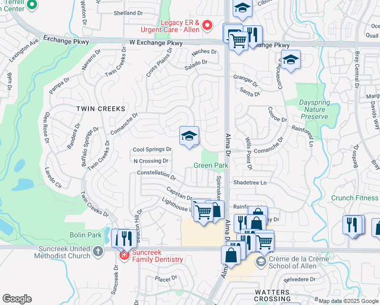map of restaurants, bars, coffee shops, grocery stores, and more near 1315 Comanche Drive in Allen