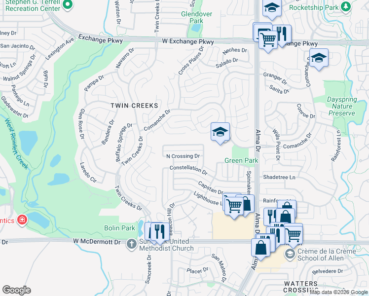 map of restaurants, bars, coffee shops, grocery stores, and more near 1417 Cool Springs Drive in Allen