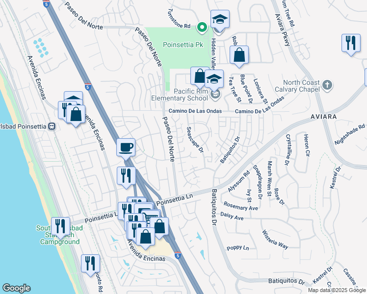 map of restaurants, bars, coffee shops, grocery stores, and more near 868 Marigold Court in Carlsbad