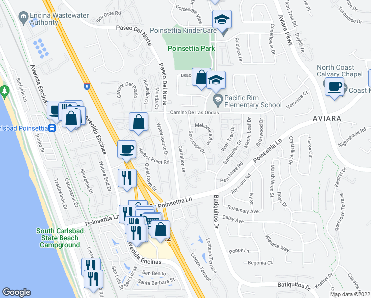 map of restaurants, bars, coffee shops, grocery stores, and more near 876 Ginger Avenue in Carlsbad