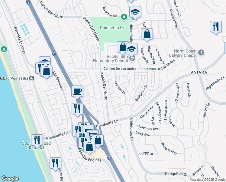 map of restaurants, bars, coffee shops, grocery stores, and more near 876 Hollyhock Court in Carlsbad
