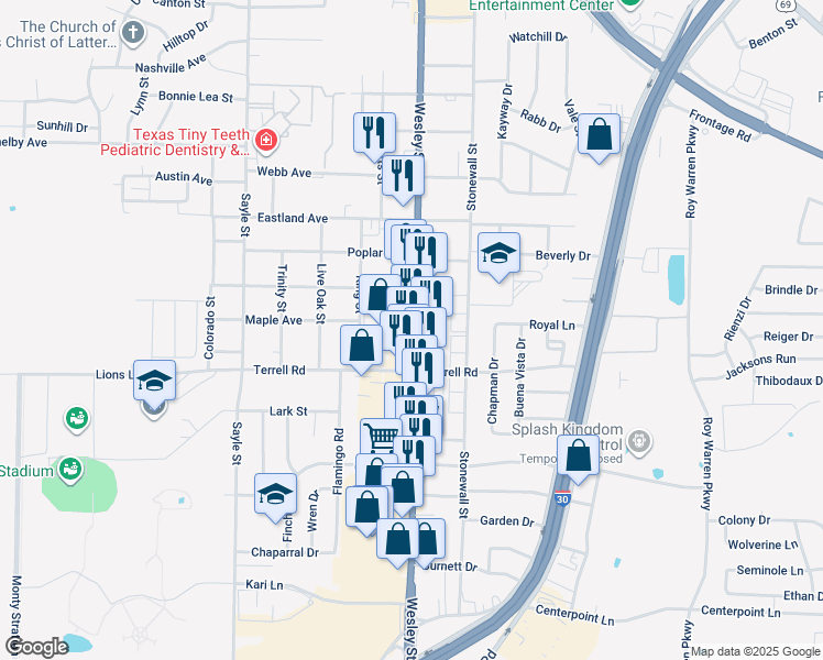 map of restaurants, bars, coffee shops, grocery stores, and more near 6205 Wesley St in Greenville
