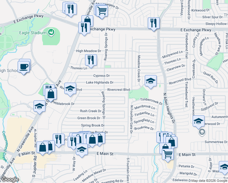 map of restaurants, bars, coffee shops, grocery stores, and more near 911 Rivercrest Boulevard in Allen