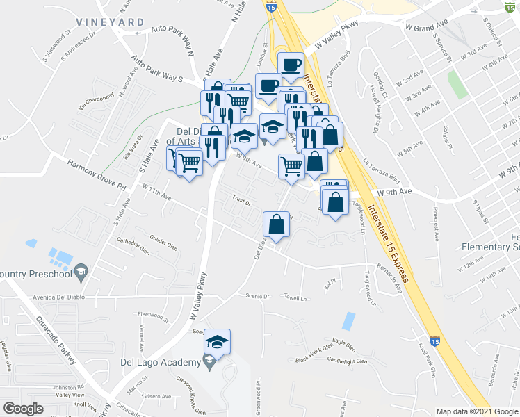 map of restaurants, bars, coffee shops, grocery stores, and more near 45 Merry Lane in Escondido