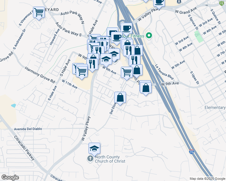 map of restaurants, bars, coffee shops, grocery stores, and more near 45 Merry Lane in Escondido