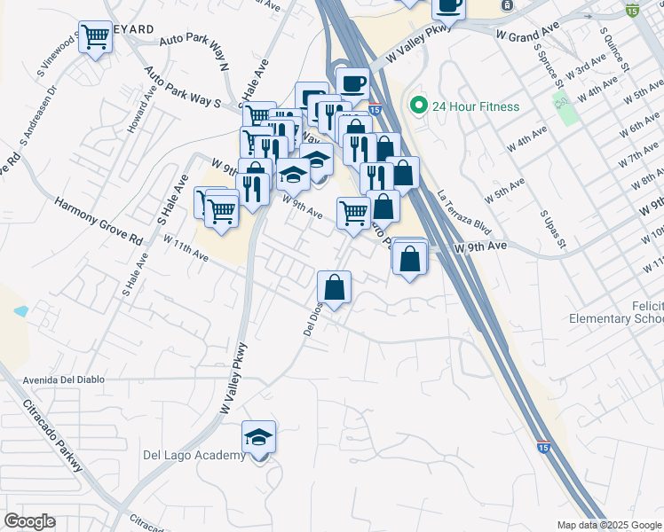 map of restaurants, bars, coffee shops, grocery stores, and more near 991 Del Dios Road in Escondido