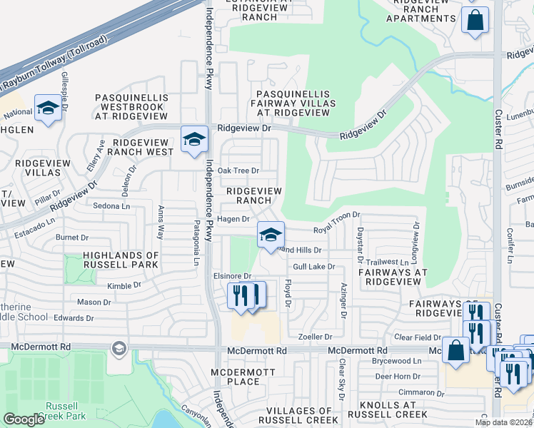 map of restaurants, bars, coffee shops, grocery stores, and more near 2817 Royal Troon Drive in Plano