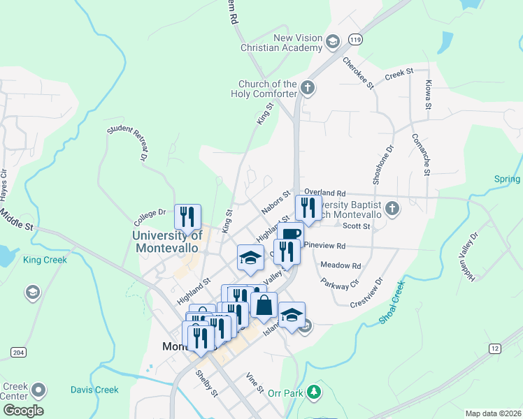 map of restaurants, bars, coffee shops, grocery stores, and more near 1349 Nabors Street in Montevallo