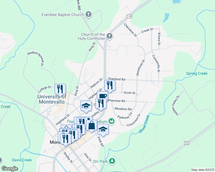 map of restaurants, bars, coffee shops, grocery stores, and more near 165 Mitchell Street in Montevallo