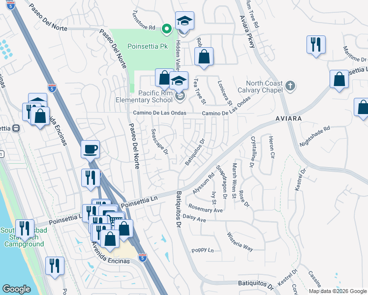 map of restaurants, bars, coffee shops, grocery stores, and more near 6903 Pear Tree Drive in Carlsbad