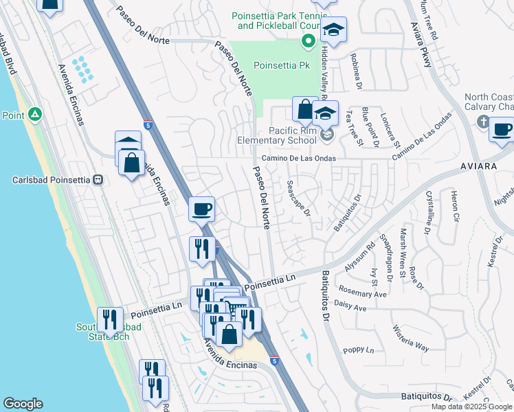 map of restaurants, bars, coffee shops, grocery stores, and more near 6870 Watercourse Drive in Carlsbad