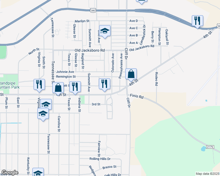 map of restaurants, bars, coffee shops, grocery stores, and more near 412 Colorado Avenue in Graham