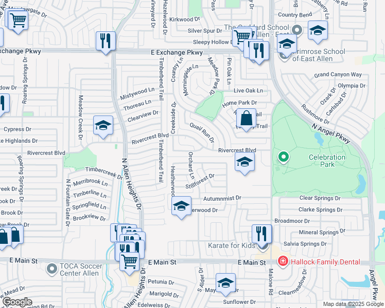 map of restaurants, bars, coffee shops, grocery stores, and more near 1412 Brookside Drive in Allen