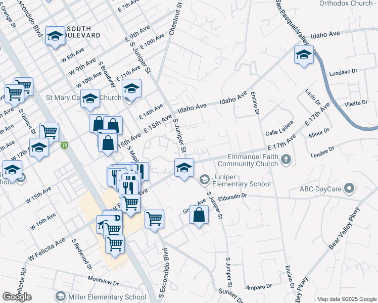 map of restaurants, bars, coffee shops, grocery stores, and more near 1660 South Juniper Street in Escondido