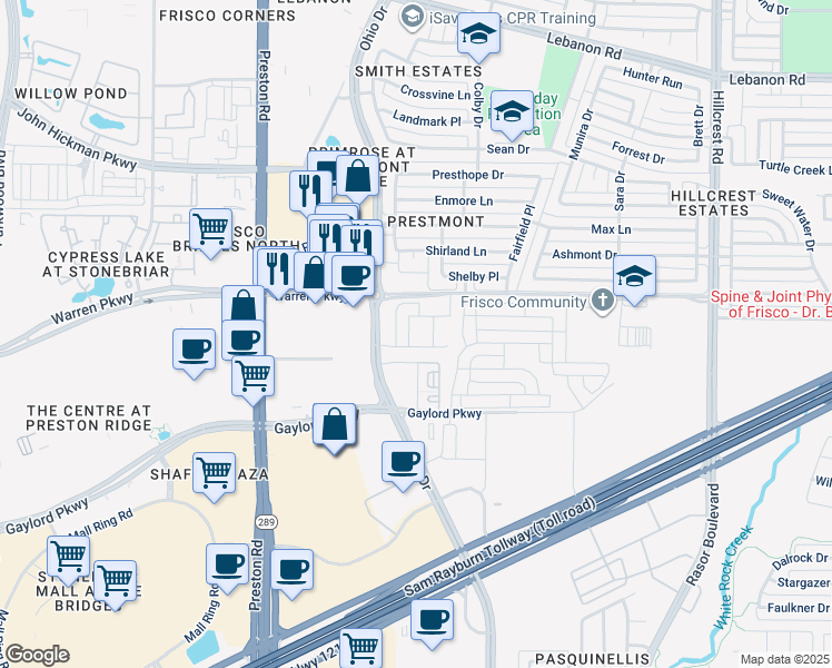map of restaurants, bars, coffee shops, grocery stores, and more near Warren Pkwy in Frisco
