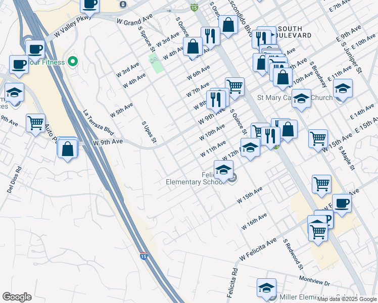 map of restaurants, bars, coffee shops, grocery stores, and more near 910 West 10th Avenue in Escondido