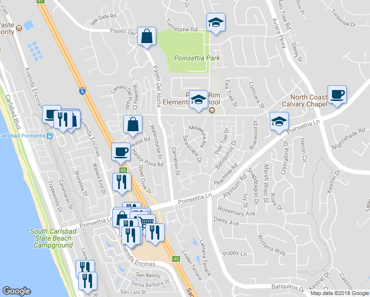 map of restaurants, bars, coffee shops, grocery stores, and more near 876 Ginger Avenue in Carlsbad