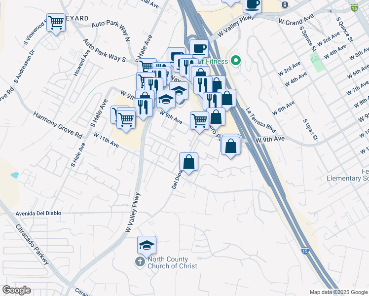 map of restaurants, bars, coffee shops, grocery stores, and more near 991 Del Dios Highway in Escondido