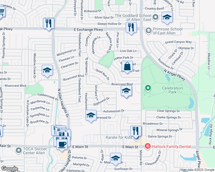 map of restaurants, bars, coffee shops, grocery stores, and more near 1426 Rivercrest Boulevard in Allen