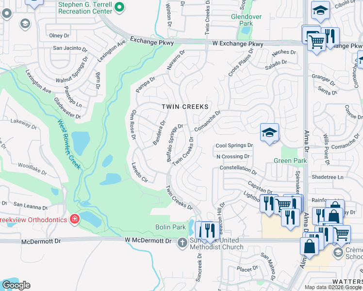 map of restaurants, bars, coffee shops, grocery stores, and more near 702 Nocona Court in Allen