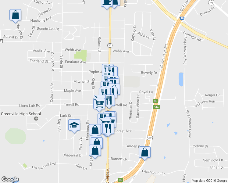 map of restaurants, bars, coffee shops, grocery stores, and more near 6211 Wesley St in Greenville
