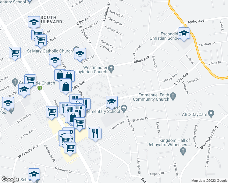 map of restaurants, bars, coffee shops, grocery stores, and more near 1662 South Juniper Street in Escondido