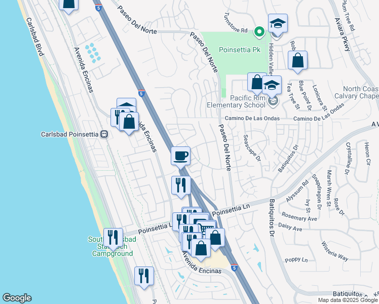 map of restaurants, bars, coffee shops, grocery stores, and more near 815 Bluewater Road in Carlsbad
