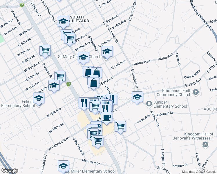 map of restaurants, bars, coffee shops, grocery stores, and more near 1530 South Maple Street in Escondido