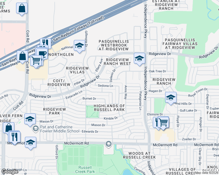 map of restaurants, bars, coffee shops, grocery stores, and more near 3304 Sedona Lane in Plano