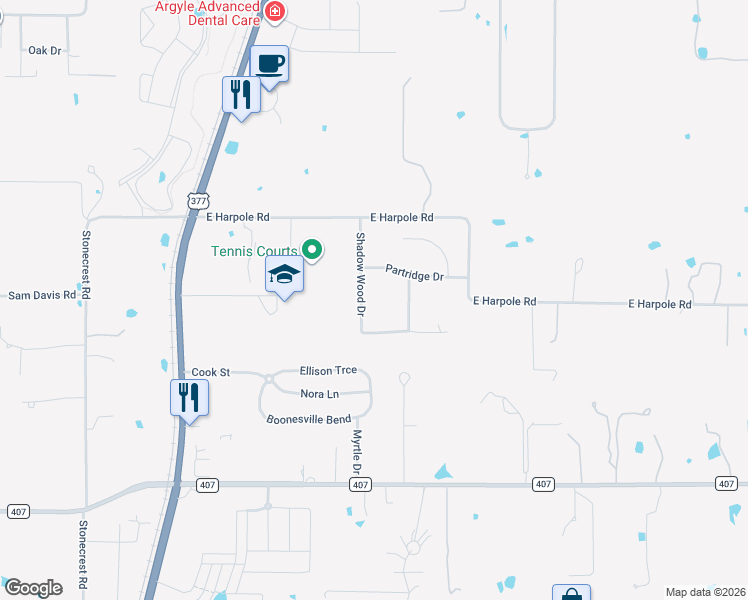 map of restaurants, bars, coffee shops, grocery stores, and more near 208 Shadow Wood Drive in Argyle