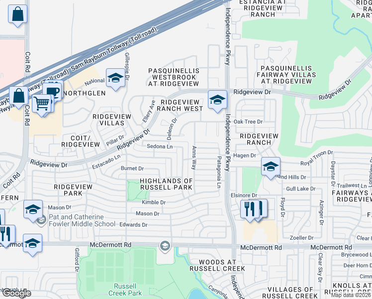 map of restaurants, bars, coffee shops, grocery stores, and more near 9512 Katrina Path in Plano