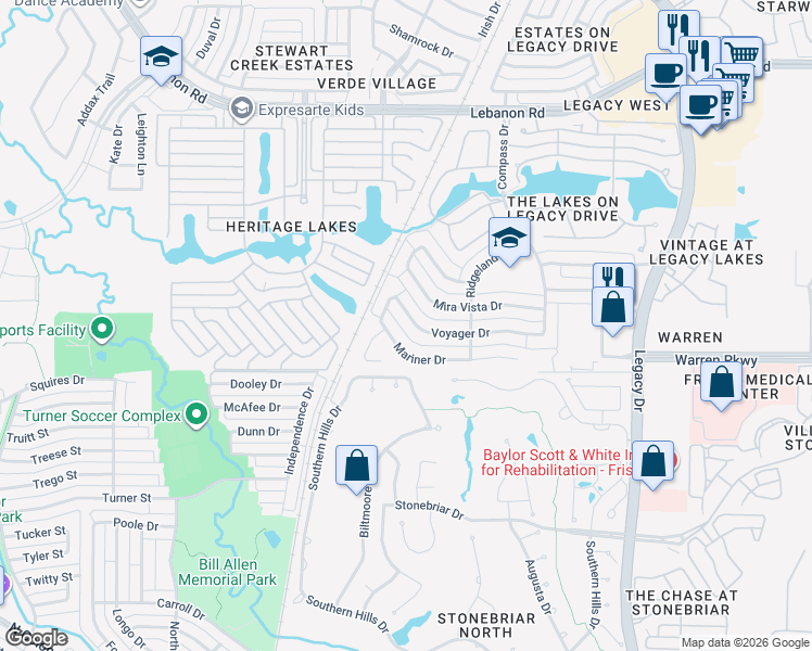 map of restaurants, bars, coffee shops, grocery stores, and more near 4459 Voyager Drive in Frisco