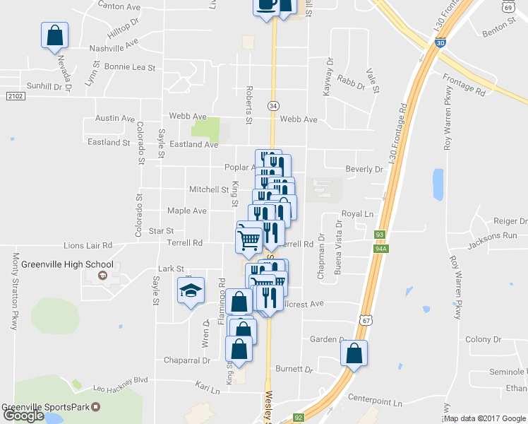 map of restaurants, bars, coffee shops, grocery stores, and more near 6112 Wesley St in Greenville