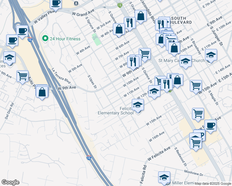 map of restaurants, bars, coffee shops, grocery stores, and more near 1011 South Tulip Street in Escondido